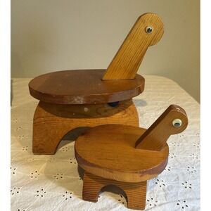 Vintage Wooden Turtle Stools Set of 2 | Handcrafted Folk Art Wood Animal